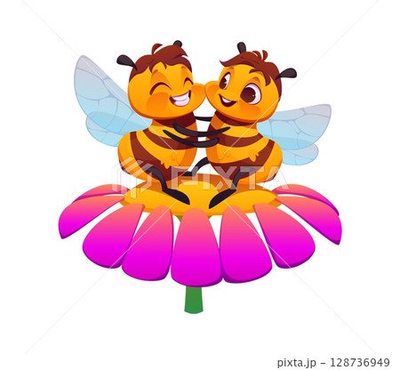 Cartoon honey bee characters couple hugging on pink flower. Cute vector flying adorable insects pair in love, exudes spring mood, friendship or romantic vibes with smiling faces, and holding hands 128736949