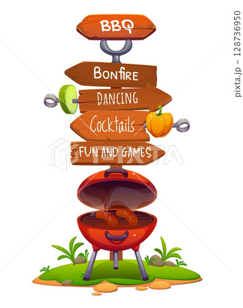 Bbq party wooden signboard, barbeque directional sign yard. Cartoon vector backyard signpost with wooden arrows pointing to bonfire, dancing, cocktails, games. Steaming grill with sausages sits below 128736950