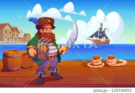 Pirate captain character on the port pier holding sword and treasure chest. Cartoon vector scene with corsair standing on a dock near the sea, with a pirate ship and coastal town under a clear sky Pirate captain character on the port pier holding sword and treasure chest. Cartoon vector scene with corsair standing on a dock near the sea, with a pirate ship and coastal town under a clear sky 128736953