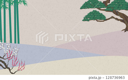 日本の縁起物の背景素材。松竹梅のイラスト。 日本の縁起物の背景素材。松竹梅のイラスト。 128736963