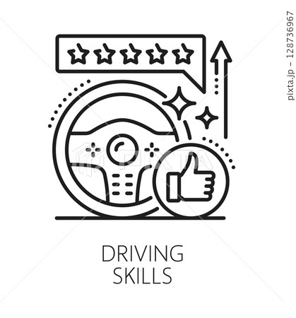 Driving life skills line icon or pictogram. Personal life skills vector symbol, people quality linear icon. Human car driving ability outline sign or pictogram with car steering wheel, thumb up Driving life skills line icon or pictogram. Personal life skills vector symbol, people quality linear icon. Human car driving ability outline sign or pictogram with car steering wheel, thumb up 128736967