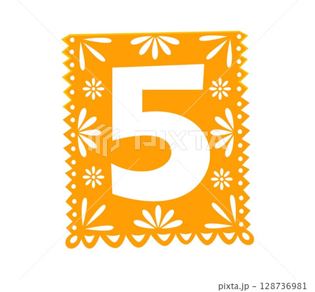 Day of the Dead font papel picado paper cut digit 5 five. Hispanic death holiday type vector digit, Dia de Los Muertos carnival font numeral symbol. Mexico ritual celebration kids ABC typeface figure 128736981