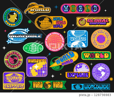 Earth sphere y2k groovy stickers, globe funky patch labels with retro typography and globe symbols. Vector set feature international vibes for travel, logistics, export and global worldwide branding 128736983