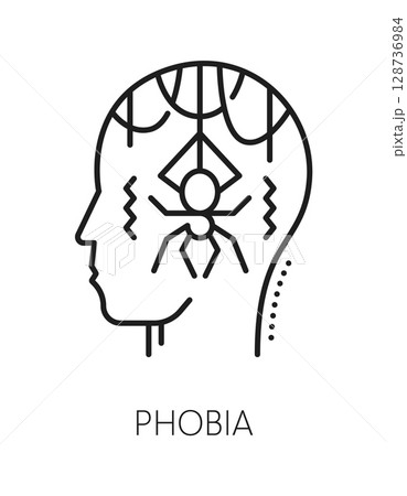 Phobia mental health, psychology line icon or symbol. Psychology problem thin line vector sign, psychotherapy outline pictogram. Mental health icon with head silhouette and hanging on web spider 128736984