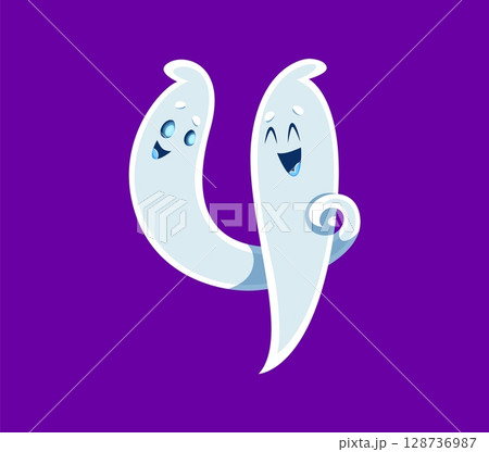 Halloween font 4 digit ghost cartoon cheerful character. Monster funny mascot font four digit or Halloween ghost cute personage English ABC vector figure or typeset number, alphabet numeral symbol 128736987