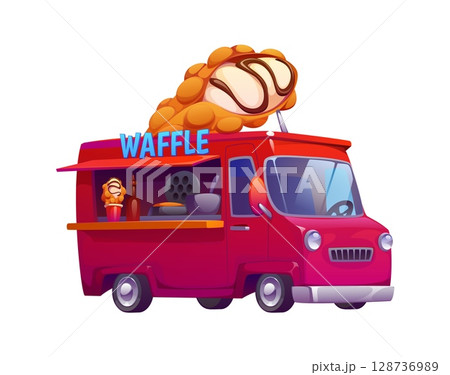 Hong Kong waffles street food truck, vintage festival foodtruck car. Cartoon vector retro mobile kitchen van with canopy, open service window, dessert snack for outdoor vending at fair or market event 128736989