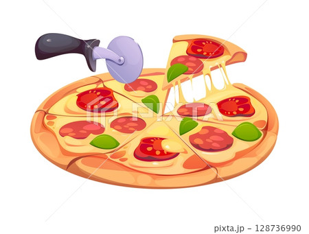Cartoon pizza with melted cheese, pepperoni slices and fresh basil cut with a pizza cutter. Cook food cooking process. Hot slice being lifted with gooey cheese strings. Vector isolated Italian pizza 128736990