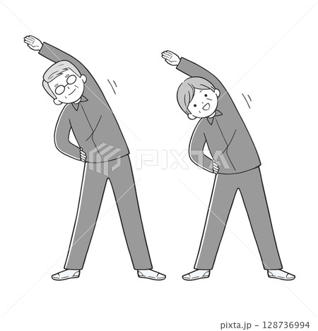 体操するシニア夫婦 健康な高齢者 モノクロ 128736994