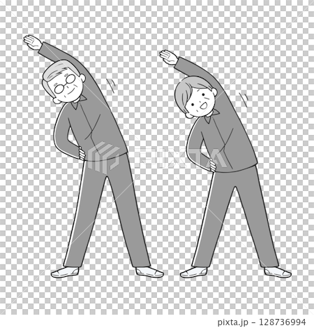 体操するシニア夫婦 健康な高齢者 モノクロ 128736994