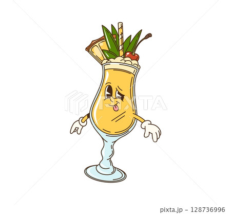 Cartoon pina colada cocktail character. Summer vacation resort cocktail or beverage glass 70s groovy cheerful character. Pina colada party tropical cocktail with pineapple isolated vector personage 128736996