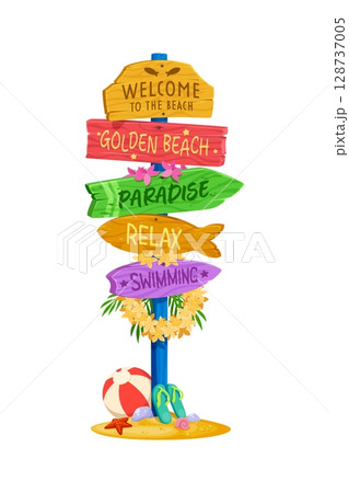 Summer beach wooden signboard with direction arrows for vacation travel vector signage. Summer beach welcome sign board signage to paradise beach and relax with Hawaiian tropical flowers for resort Summer beach wooden signboard with direction arrows for vacation travel vector signage. Summer beach welcome sign board signage to paradise beach and relax with Hawaiian tropical flowers for resort 128737005
