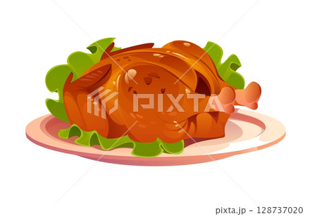Cartoon roasted turkey served on a plate with lettuce leaves, showcasing a glossy, golden brown surface. Isolated vector festive food, happy Thanksgiving holiday and harvest symbol of celebration Cartoon roasted turkey served on a plate with lettuce leaves, showcasing a glossy, golden brown surface. Isolated vector festive food, happy Thanksgiving holiday and harvest symbol of celebration 128737020