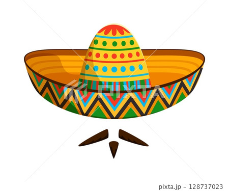 Mexican mariachi sombrero hat with mustaches for fiesta holiday, cartoon vector. Mexican charro or mariachi sombrero with mustaches for Cinco de Mayo holiday or Viva Mexico fiesta decoration 128737023