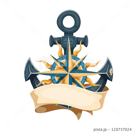 Cartoon pirate ship anchor with compass rose and scroll banner. Medieval corsair vector icon, pirate sailor tattoo or piracy heraldic emblem of vintage compass star, nautical anchor and ribbon scroll 128737024
