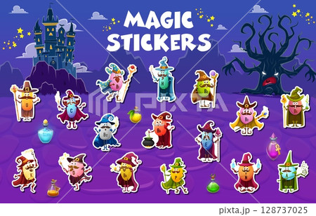 Stickers pack of Halloween micronutrient mage, wizard and sorcerer characters. Fairy wizard or sorcerer D, K, B6 and P, H, N micronutrient vitamin capsule cheerful vector characters sticker collection 128737025