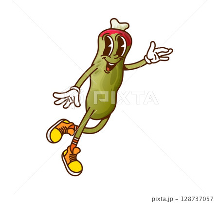Cartoon groovy Halloween witch finger cookie character. Vector sweet candy retro personage with green skin, bone and blood. Smiling patisserie, pastry, funny dessert for kids trick or treat party 128737057