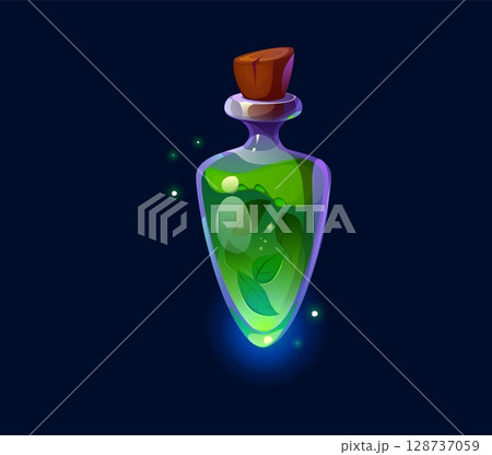 Magic potion bottle, Halloween witch poison. Wizard magic spell or poison PC arcade vector UI design element, alchemist mystic potion bottle or Halloween sorcerer mixture with cork and green leaves 128737059