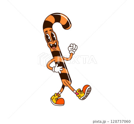 Cartoon groovy Halloween candy cane character for horror holiday, vector symbol. Groovy candy cane with funky smiling face and vampire fangs teeth for Halloween holiday and trick or treat character 128737060