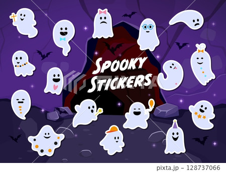 Cartoon kawaii Halloween ghost characters stickers pack. Funny Halloween holiday spooky night monsters vector personages. Cute kawaii white ghosts, spirits and phantoms flying with horror bats 128737066