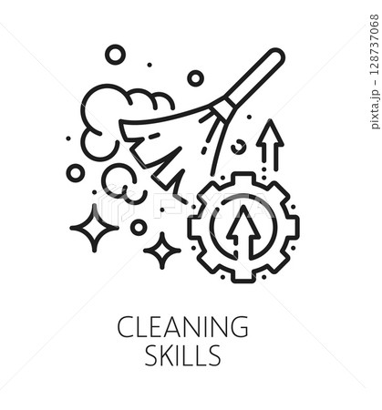 Cleaning life skills line icon or sign. People cleaning ability thin line vector sign, human potential lineart symbol. Personality life skills outline pictogram or icon with broom, dust and cogwheel Cleaning life skills line icon or sign. People cleaning ability thin line vector sign, human potential lineart symbol. Personality life skills outline pictogram or icon with broom, dust and cogwheel 128737068