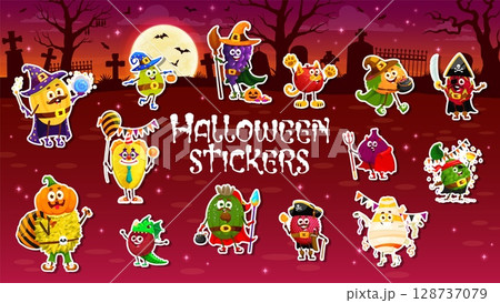 Halloween fruit characters stickers pack. Vector patches with cartoon fruits in festive party costumes pirate, witch and mummy, clown, dragon, jack lantern and wizard, devil or cat on night cemetery 128737079