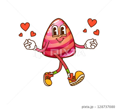 Cartoon groovy Halloween sweets and candy character. Isolated vector joyful pink striped confection retro personage spreading love and affection with a playful expression, surrounded by red hearts 128737080