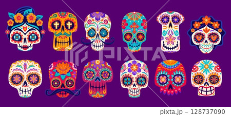 Mexican calavera skulls. Dia De Los Muertos day of dead holiday sugar skulls. Cartoon vector decorated calaca craniums with floral pattern. Traditional Mexico festival symbolic for Death celebration 128737090