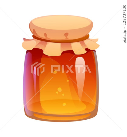 Cartoon glass jar filled with golden honey or syrup, sealed with a cloth lid. Happy Thanksgiving holiday and harvest symbol suggest sweetness and freshness, for culinary, apiary or breakfast theme Cartoon glass jar filled with golden honey or syrup, sealed with a cloth lid. Happy Thanksgiving holiday and harvest symbol suggest sweetness and freshness, for culinary, apiary or breakfast theme 128737130