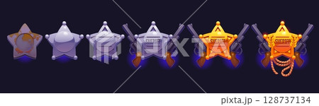 Western game level badge, wild west cowboy rank medal with revolvers and ropes. Cartoon vector sheriff star progression icons, achievement ui elements, progress sequence from rusty metal to golden 128737134