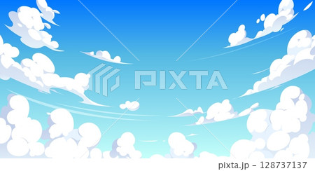 Anime sky clouds background. Cartoon vector bright heaven with fluffy white clouds and gentle gradients. Dreamy tranquil cloudscape for game backdrop, animation scenery, natural outdoor sunny view 128737137