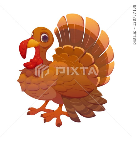 Cartoon turkey character with vivid brown feathers, bright red wattle and expressive face. Isolated vector traditional bird personage for happy thanksgiving holiday festive day, farm poultry mascot Cartoon turkey character with vivid brown feathers, bright red wattle and expressive face. Isolated vector traditional bird personage for happy thanksgiving holiday festive day, farm poultry mascot 128737138