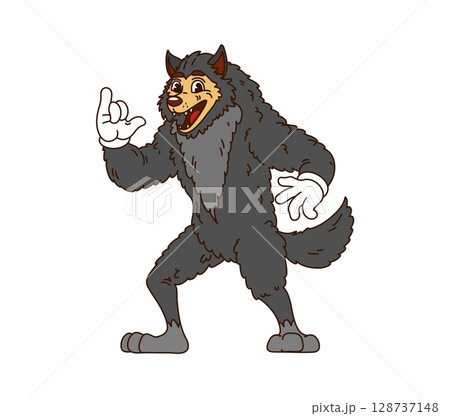 Cartoon groovy Halloween werewolf character for horror holiday, vector symbol. Groovy werewolf or funny evil wolf and funky monster animal with cheerful smiling face for Halloween holiday character 128737148