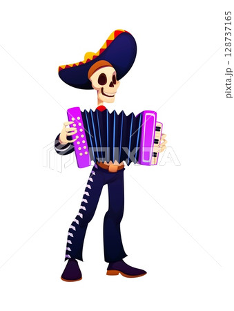Cheerful Day of the dead skeleton mariachi musician holiday character. Cartoon vector dia de los Mexican personage wearing a traditional charro outfit and a large sombrero, playing a vibrant accordion 128737165