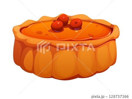 Cartoon pumpkin pie with a rich orange filling and golden crust, topped with red cranberry berries. Vector sweet, appetizing dessert, Happy Thanksgiving holiday and harvest symbol for fall festivities Cartoon pumpkin pie with a rich orange filling and golden crust, topped with red cranberry berries. Vector sweet, appetizing dessert, Happy Thanksgiving holiday and harvest symbol for fall festivities 128737166
