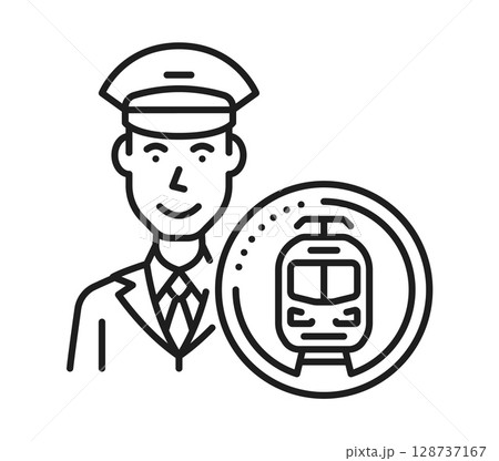Railroad railway icon of train operator or subway motorman, vector pictogram. Railroad and railway line symbol of train driver or ticket control man with badge of metro underground and tram railcar Railroad railway icon of train operator or subway motorman, vector pictogram. Railroad and railway line symbol of train driver or ticket control man with badge of metro underground and tram railcar 128737167
