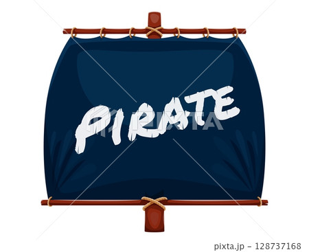 Cartoon pirate ship mast with sail, vector piracy. Corsair sailing boat or sailboat, old wooden galleon, caravel, frigate or schooner rigging front view with wood mast, black sail, spars and ropes 128737168