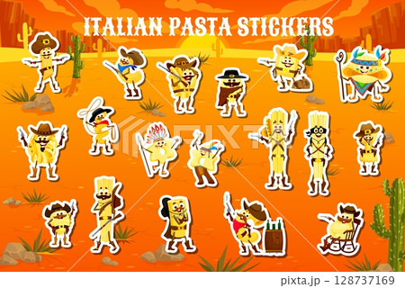 Cartoon pasta cowboy, sheriff and bandit characters stickers pack at Western desert vector background. Wild West personages of italian cuisine spaghetti, penne, farfalle and ravioli pasta characters 128737169