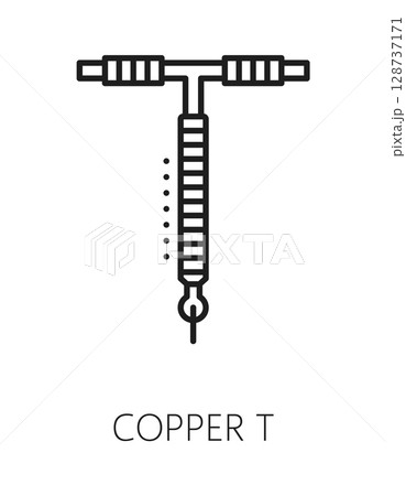 Copper T contraception method line icon or symbol. Family planning vector pictogram, birth control icon. Pregnancy prevention or contraception method sign with intrauterine coil, copper IUD device Copper T contraception method line icon or symbol. Family planning vector pictogram, birth control icon. Pregnancy prevention or contraception method sign with intrauterine coil, copper IUD device 128737171