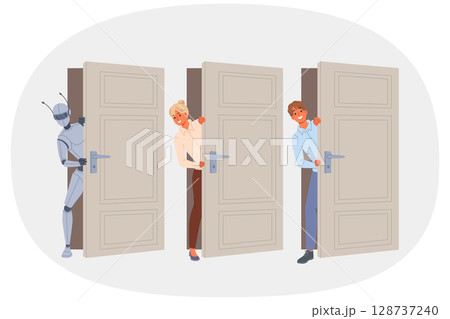 Team of AI robot and humans are ready to work on complex project and look out door together 128737240