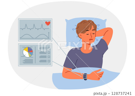 Smart bracelet on hand of sleeping man monitors heartbeat and sleep quality indicators Smart bracelet on hand of sleeping man monitors heartbeat and sleep quality indicators 128737241