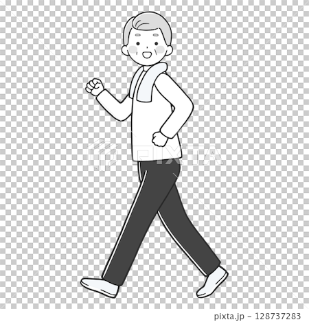 楽しくウォーキングするシニア男性 モノクロ 128737283