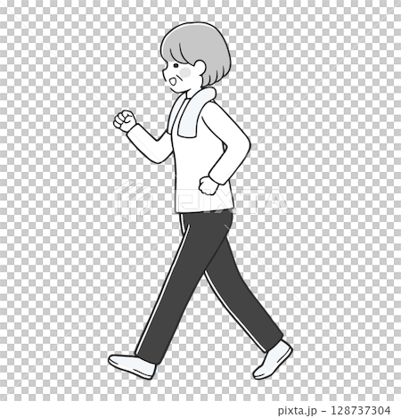 Senior woman walking happily monochrome Senior woman walking happily monochrome 128737304