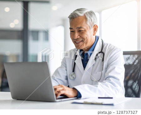 笑顔の日本人医者が診察室でノートPCを操作するクリーンな医療現場 笑顔の日本人医者が診察室でノートPCを操作するクリーンな医療現場 128737327