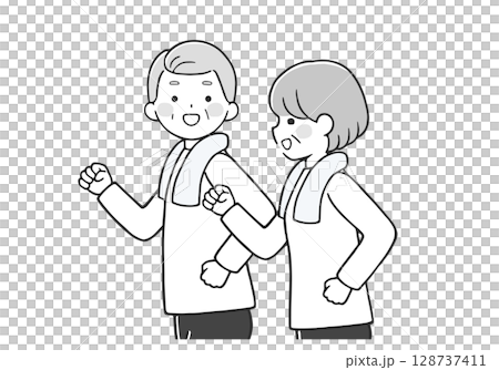 楽しくウォーキングするシニア夫婦 (上半身) モノクロ 楽しくウォーキングするシニア夫婦 (上半身) モノクロ 128737411