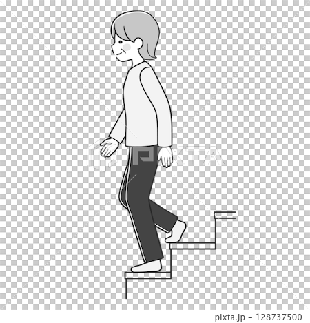 階段を元気に降りるシニア女性 モノクロ 128737500