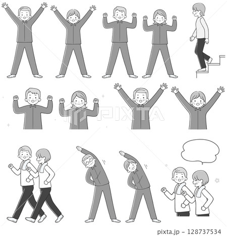 元気で健康なシニア夫婦のイラストセット 体操・ウォーキング・階段昇降 モノクロ 128737534