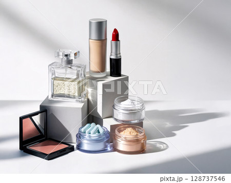 Minimalist composition of luxury skincare and makeup products in natural light with dramatic shadows on white background 128737546