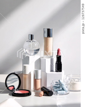 Elegant flat lay of modern skincare and beauty products with lipstick, blush, powder, and glass packaging in dramatic natural light 128737549