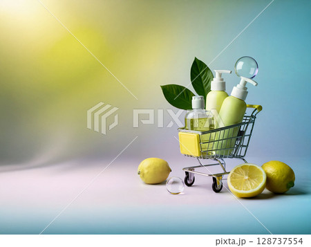 Colorful citrus skincare concept with body care bottles in mini cart, lemons, leaves, and soap bubbles on vibrant gradient background 128737554