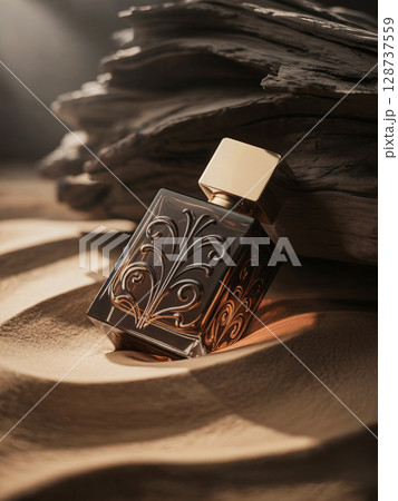 Luxury engraved perfume bottle with golden cap placed in textured sand next to natural driftwood in warm ambient light 128737559